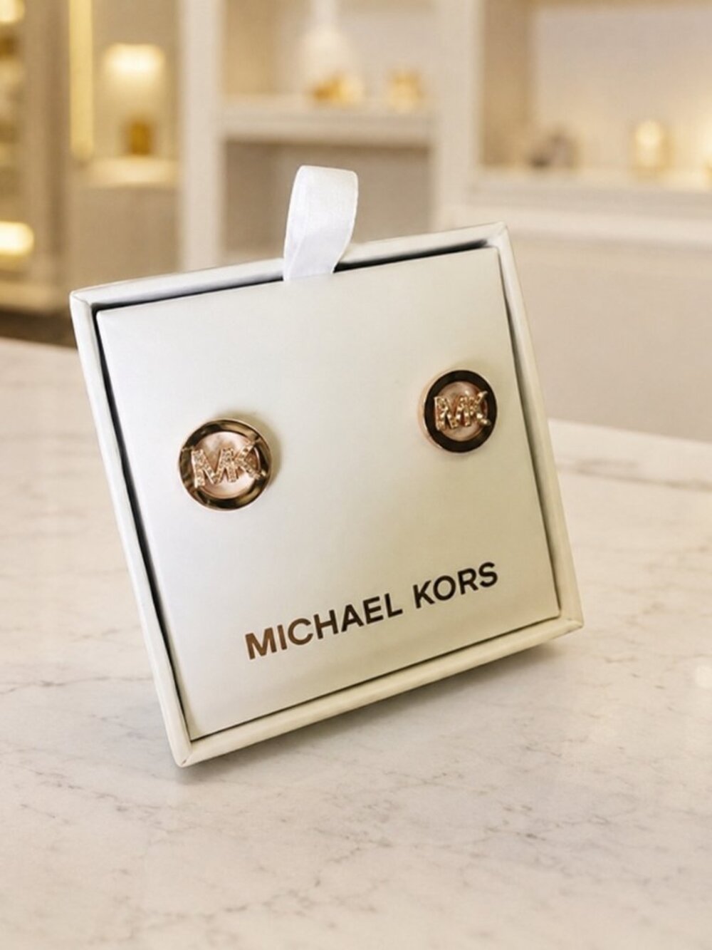 Michael Kors Rose Gold MK Crystal Logo Stud Earrings 14mm NWT